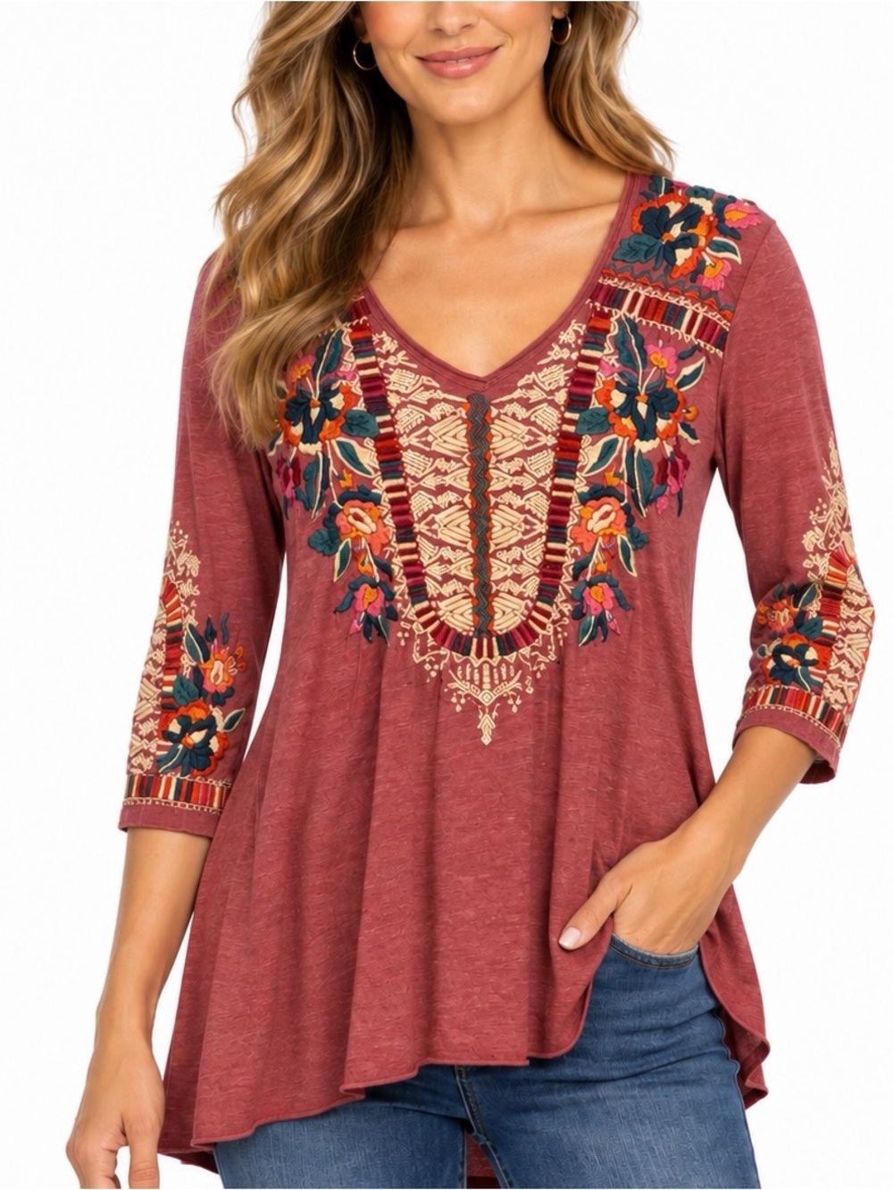 Johnny Was Dusty Rose, Embroidered V-Neck 3/4 Sleeve Tunic Top.